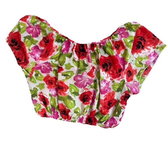 Wet Seal Floral Crop Top Blouse Size S Red Cinch Tie Detail Y2K Vibes Festival - Picture 3 of 7
